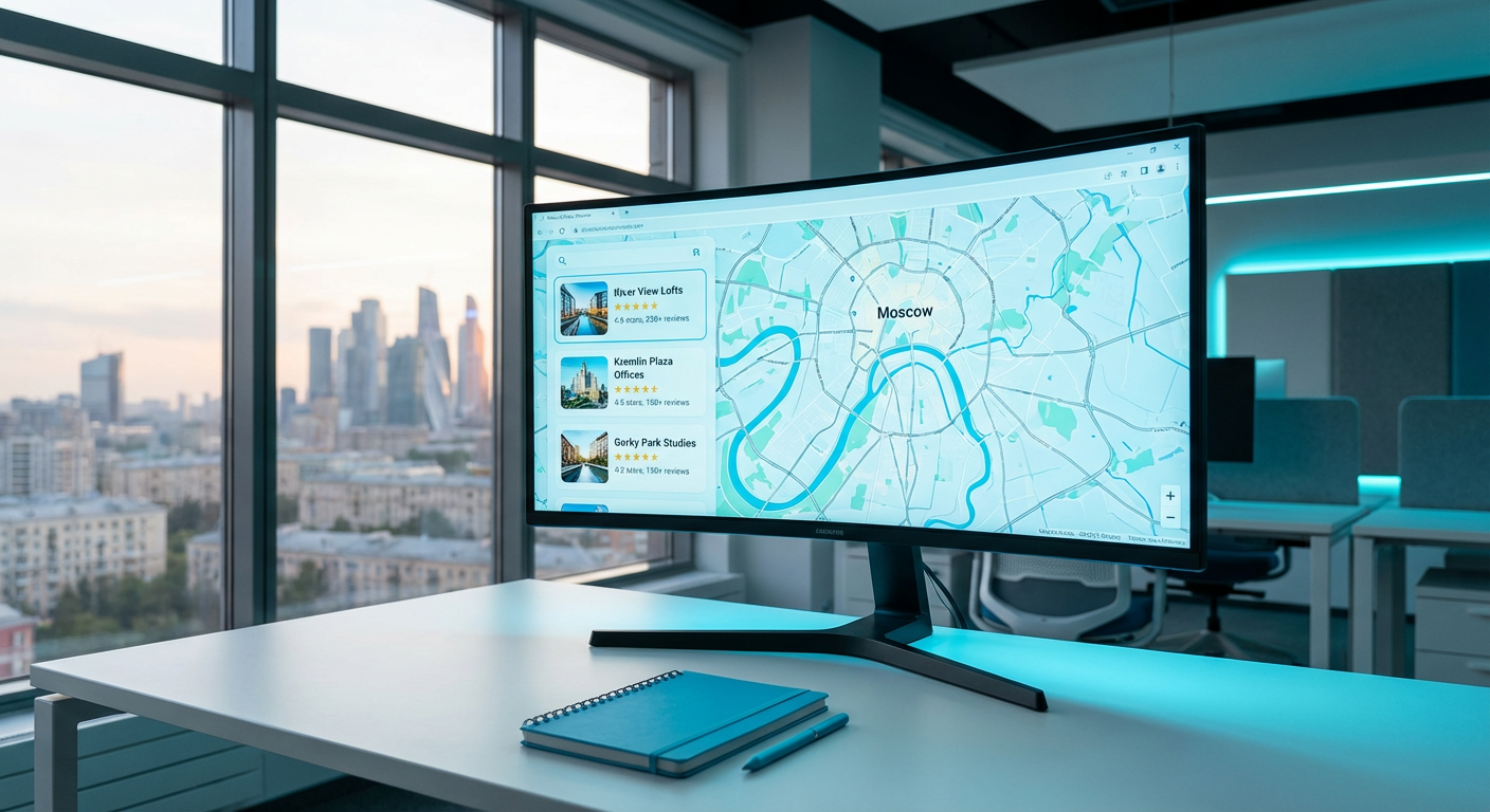 Монитор с топ-3 результатами карточек на интерактивной карте Москвы с рейтингами и фото объектов