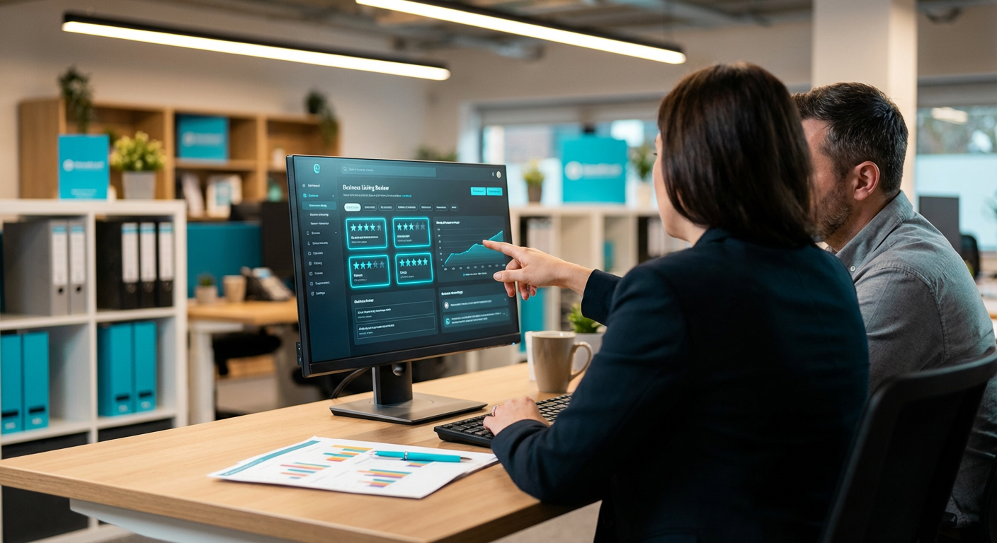 Сотрудники застройщика анализируют отзывы и рейтинг карточки в интерфейсе управления репутацией на ноутбуке