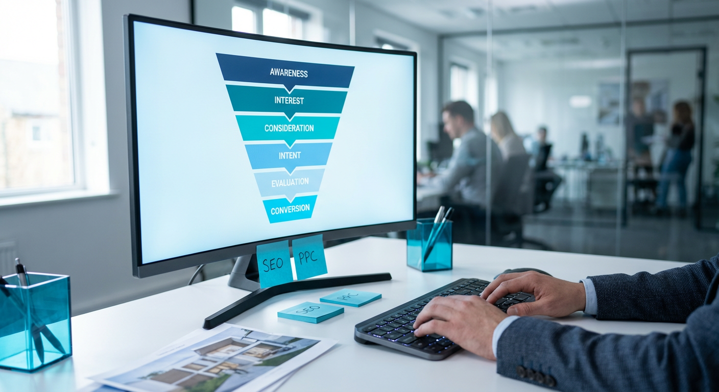 Монитор с диаграммой воронки покупателя недвижимости из шести этапов на рабочем столе маркетолога