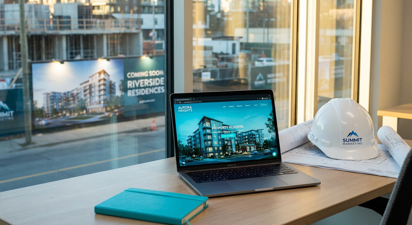 Рабочее место маркетолога застройщика с ноутбуком и видом на строительную площадку жилого комплекса за окном