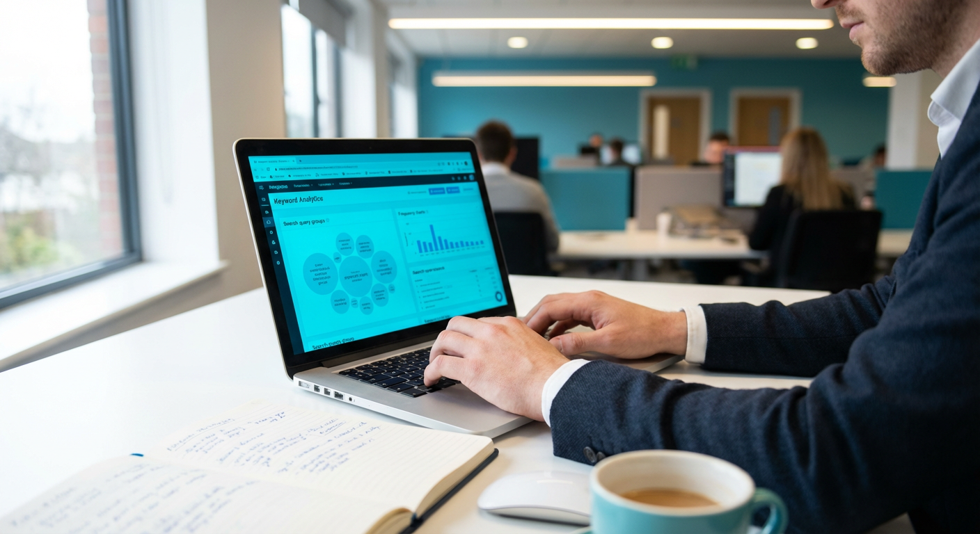 Маркетолог анализирует семантические кластеры поисковых запросов в интерфейсе аналитики на ноутбуке
