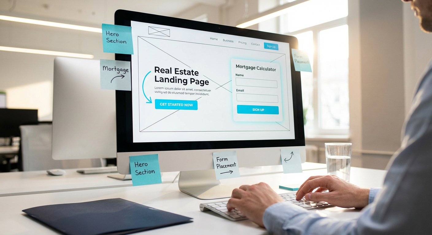 Специалист по UX анализирует элементы лендинга жилого комплекса для повышения конверсии на мониторе