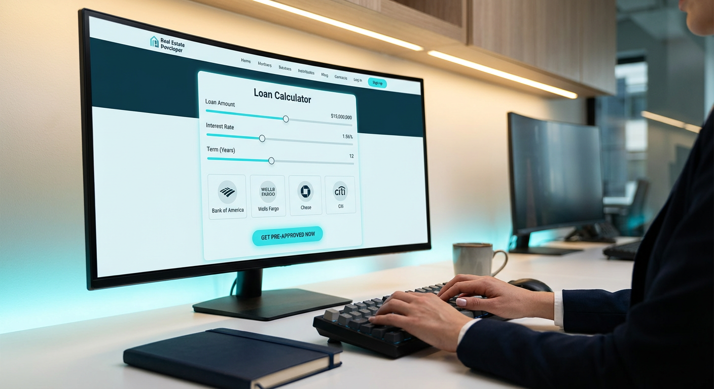 Страница ипотеки на сайте застройщика с калькулятором платежей и блоком банков-партнёров на мониторе