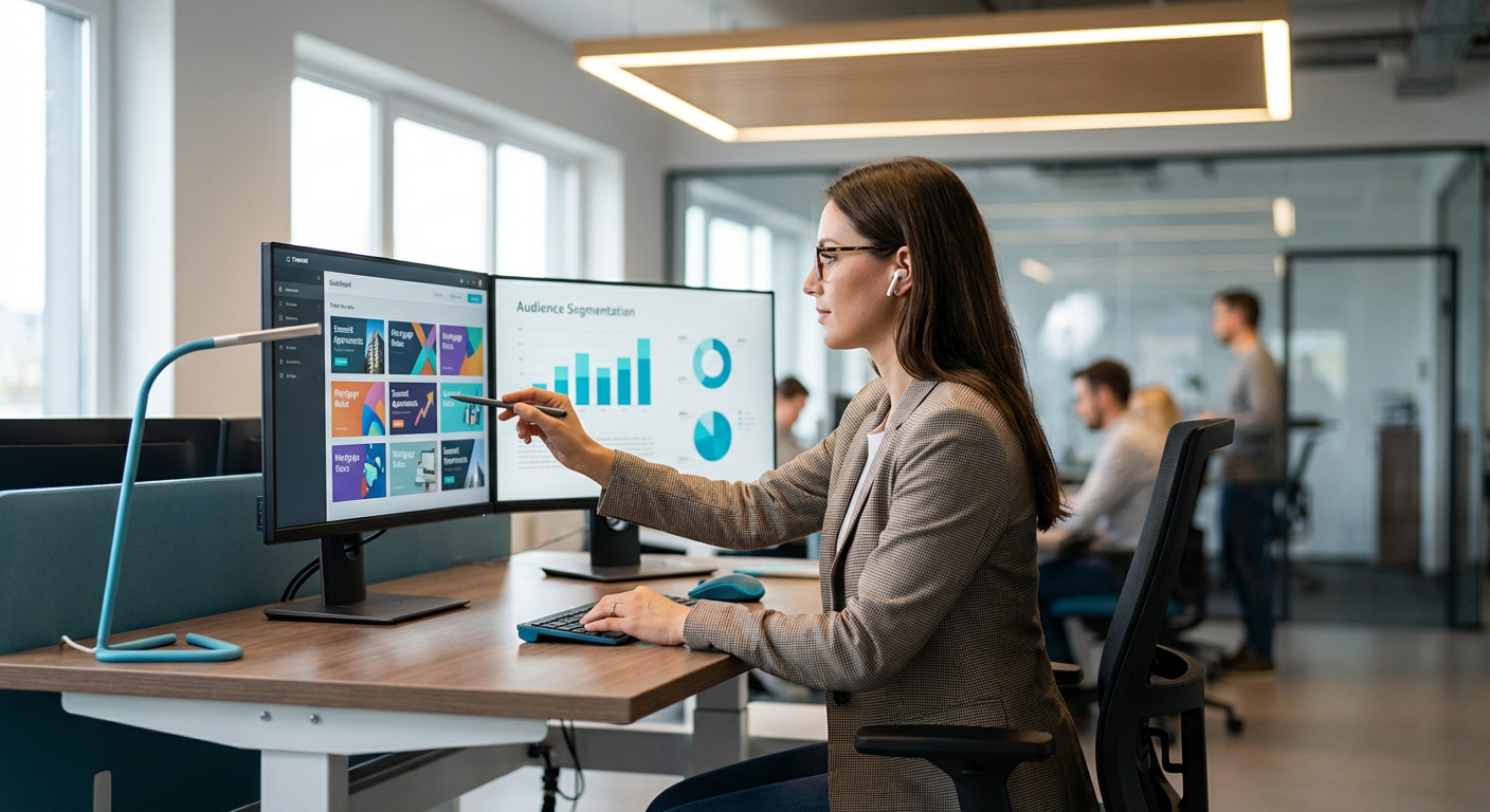 Маркетолог настраивает таргетированную рекламу для застройщика с креативами по ипотеке в рекламном кабинете