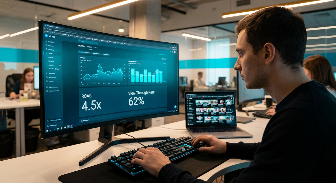 Маркетолог изучает дашборд видео-кампании VK Ads с метриками ROAS для рекламы новостройки