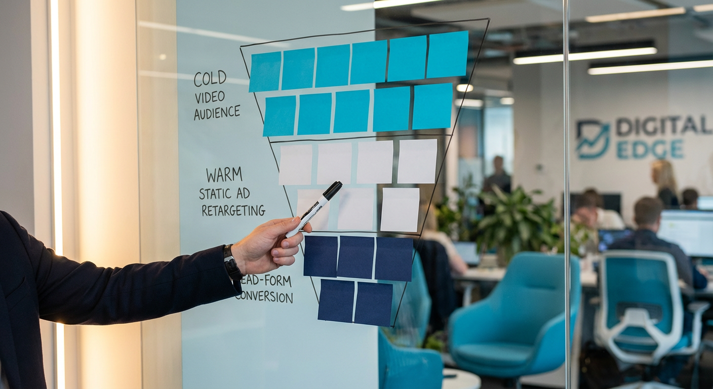 Воронка рекламы новостройки на стеклянной доске: этапы видео, статика и лид-форма для VK Ads