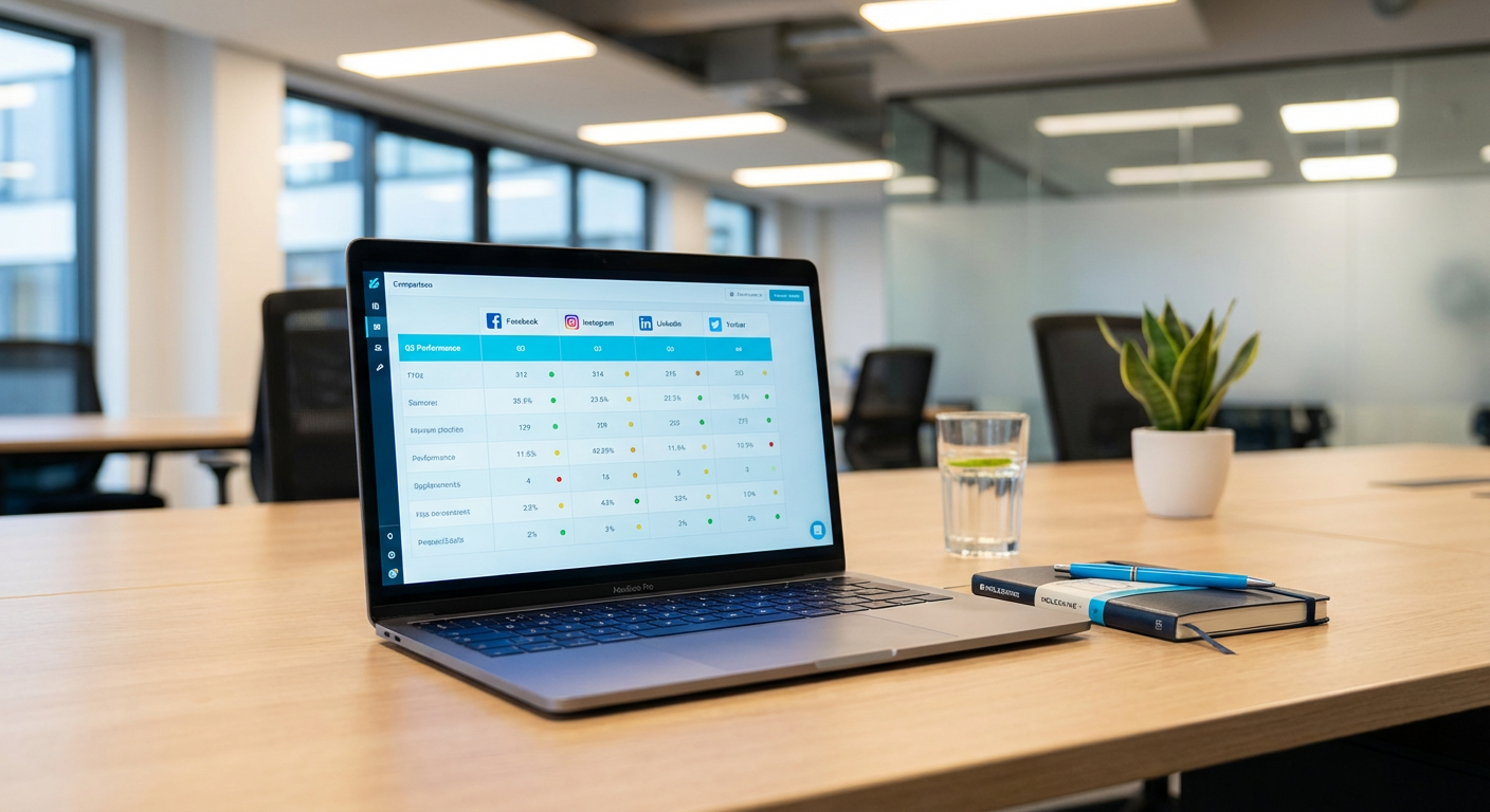 Сравнительная таблица платформ для виртуальных туров недвижимости на экране ноутбука в офисе