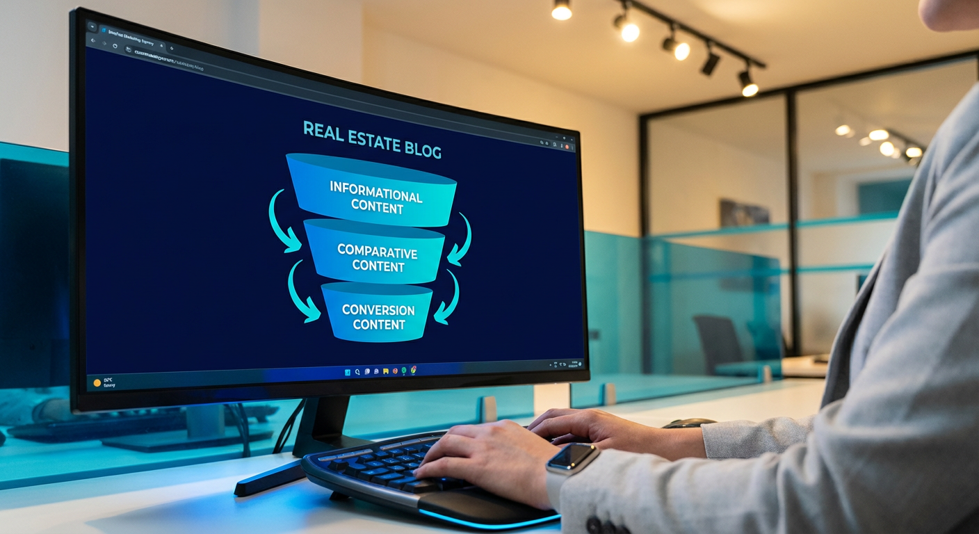 Экран монитора с воронкой контент-маркетинга из трёх уровней для сайта недвижимости