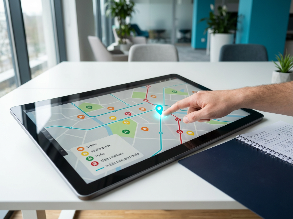 Карта района с обозначенными школами, парками и транспортными маршрутами на экране планшета