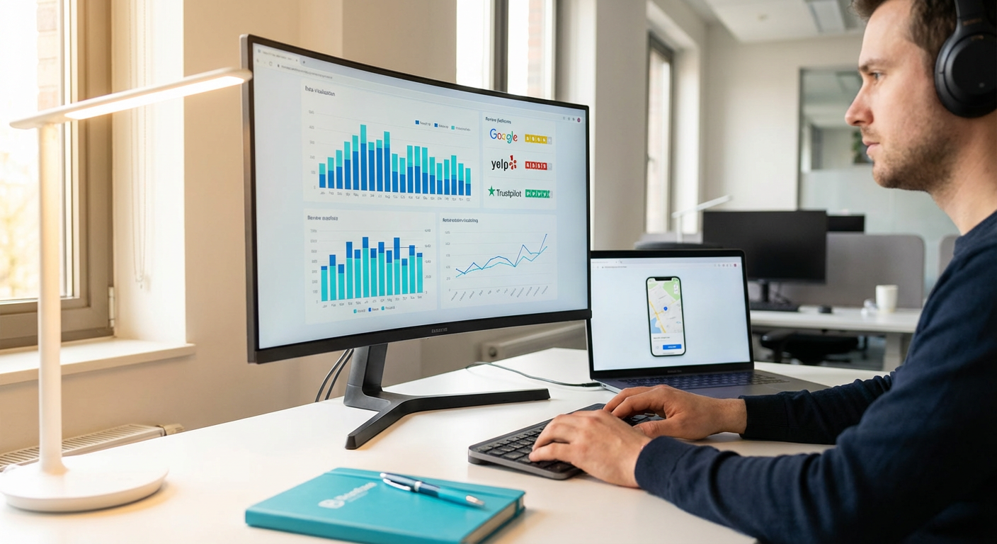 Карта репутационных площадок застройщика с иконками сервисов отзывов на экране монитора