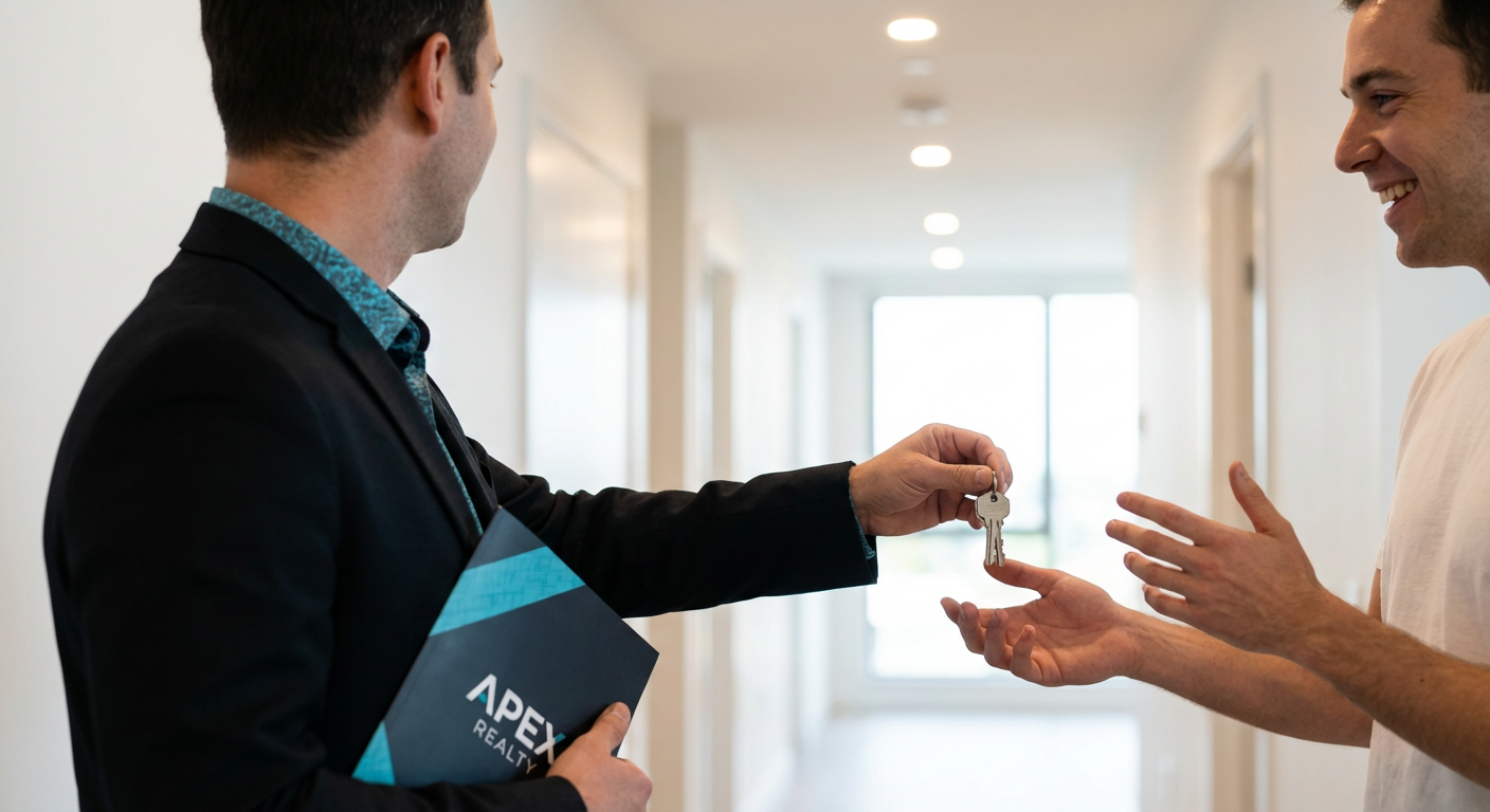 Менеджер застройщика вручает ключи от новой квартиры счастливому покупателю новостройки