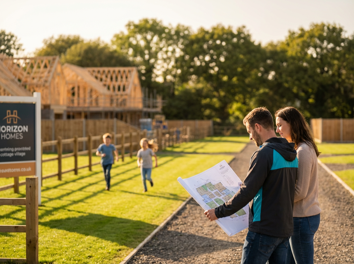 Семья с детьми осматривает территорию коттеджного поселка в солнечный день