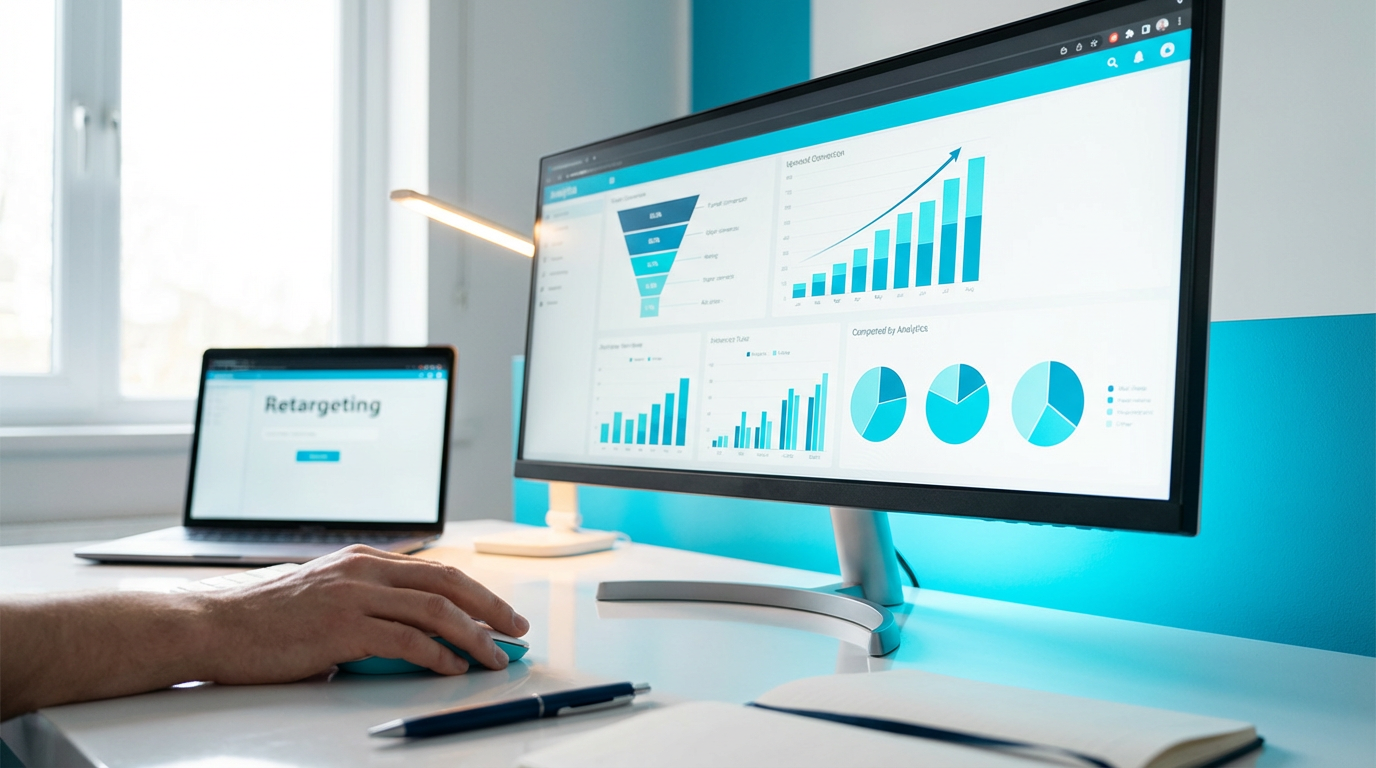 Дашборд аналитики digital-рекламы для коттеджного поселка на экране монитора в офисе маркетолога