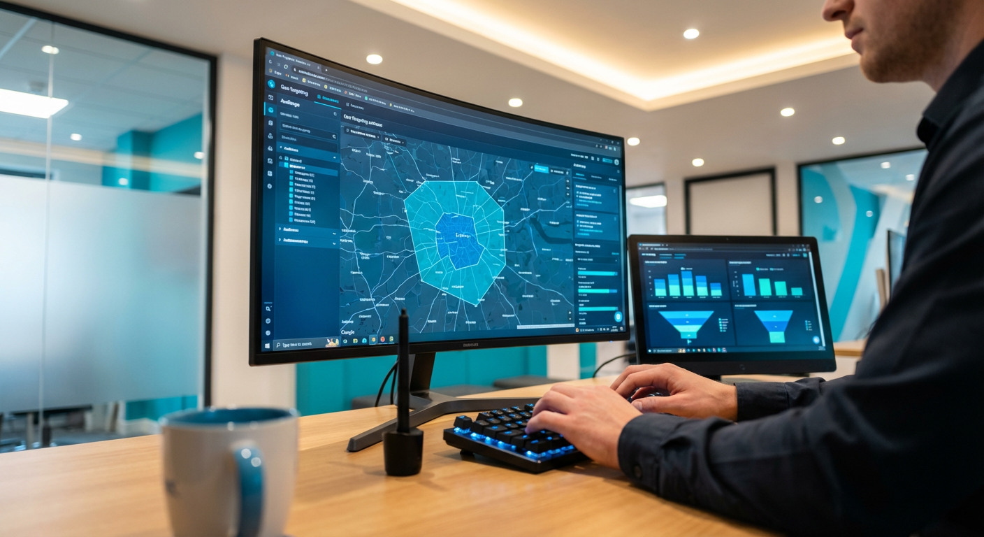 Маркетолог настраивает полигонный геотаргетинг по поясам удалённости на экране с картой аудиторных сегментов