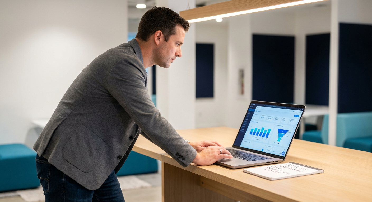 Застройщик просматривает SEO-аналитику на ноутбуке с дашбордом показателей трафика жилого комплекса