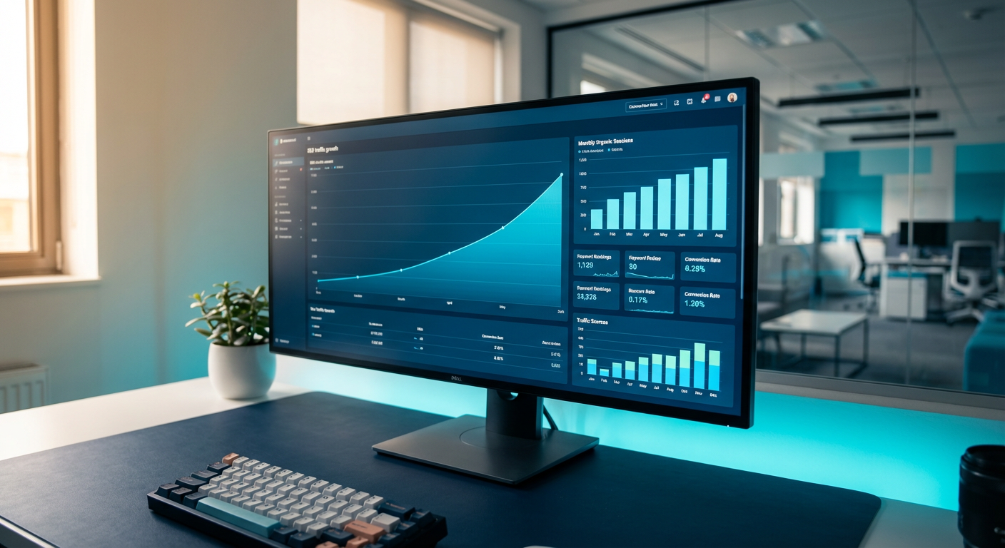 График роста SEO-трафика жилого комплекса на мониторе с восходящей кривой органических сессий за шесть месяцев