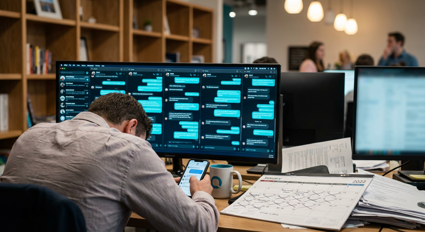 Риелтор в хаосе переписок и ручного планирования — перегруженный рабочий стол без автоматизации