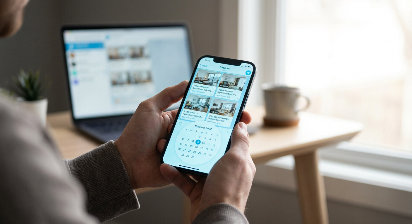 Смартфон с интерфейсом Telegram-бота — каталог квартир с выбором дат аренды на экране