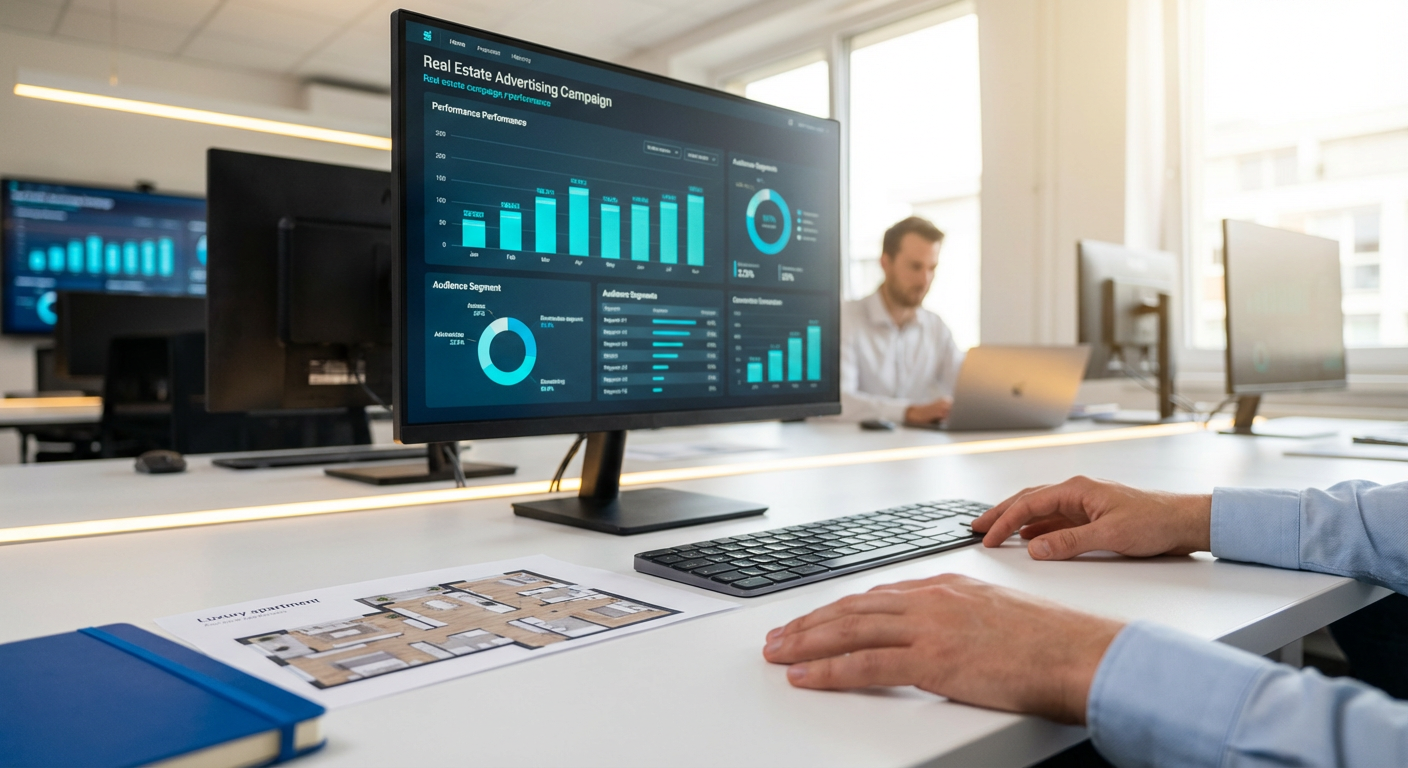 Маркетолог анализирует визуальные материалы и метрики рекламной кампании элитной недвижимости на экране монитора
