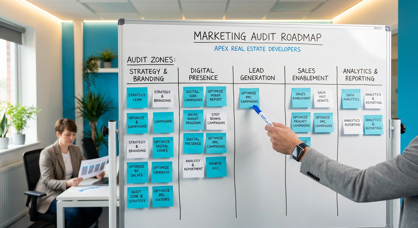 Схема маркетингового аудита застройщика на белой доске с цветными стикерами и структурой пяти блоков проверки