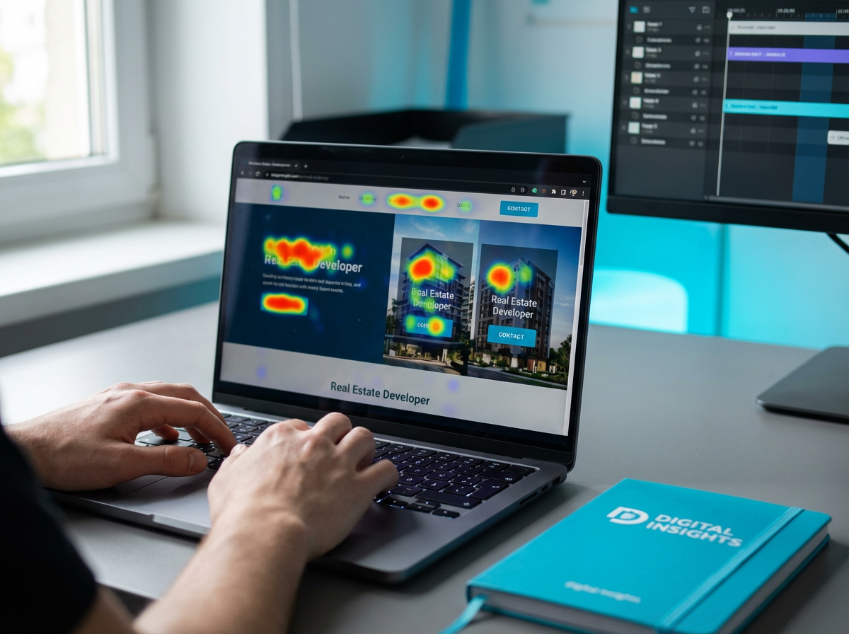 Тепловая карта сайта застройщика на экране ноутбука — визуализация поведения пользователей и зон кликов