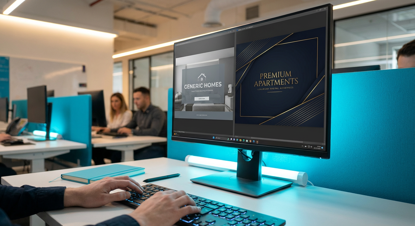 Сравнение шаблонного и персонализированного рекламного объявления для ЖК премиум-класса на экране монитора