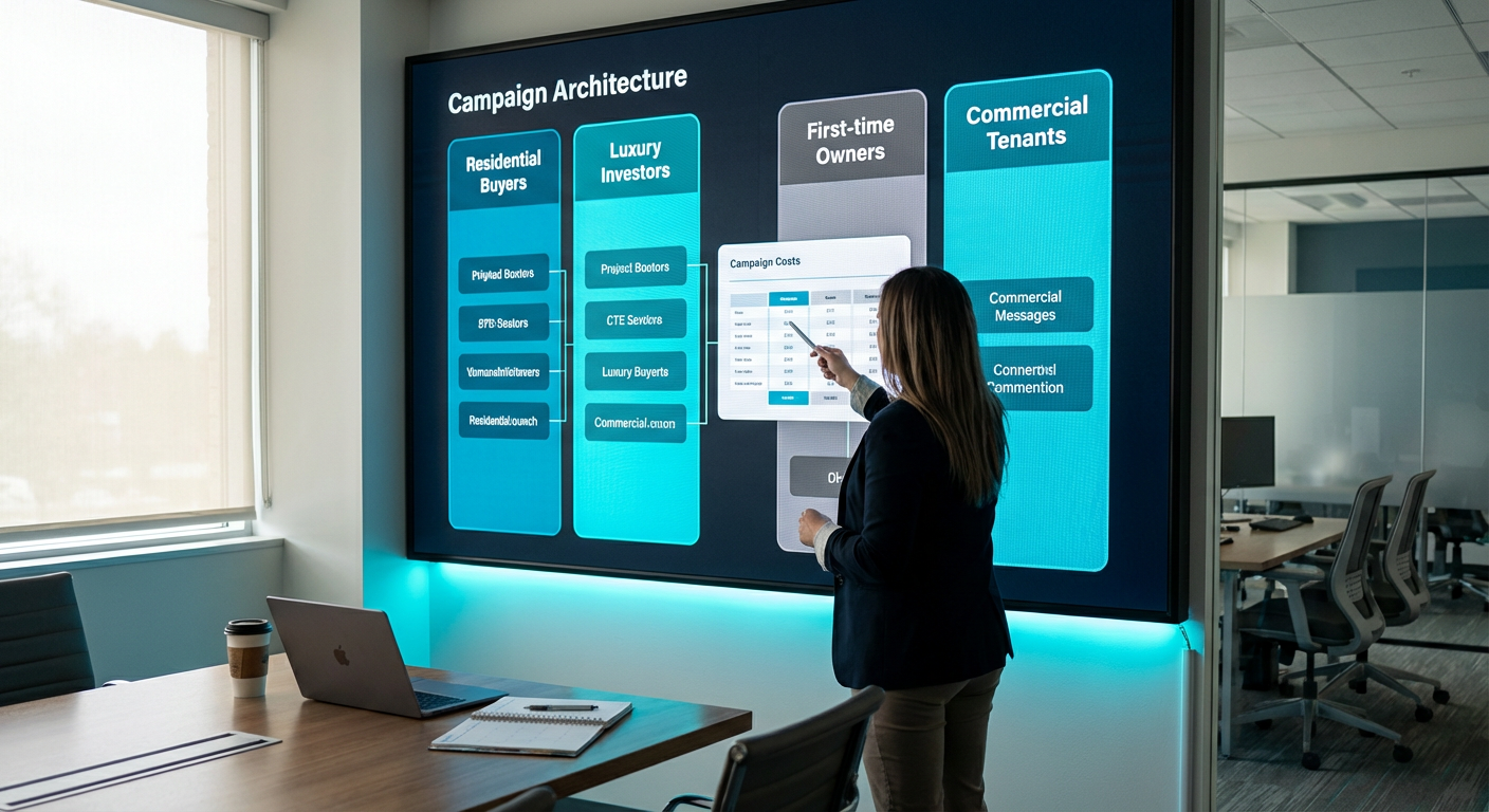 Структура рекламных кампаний в Яндекс Директ для сегментации жилых комплексов по классам на экране