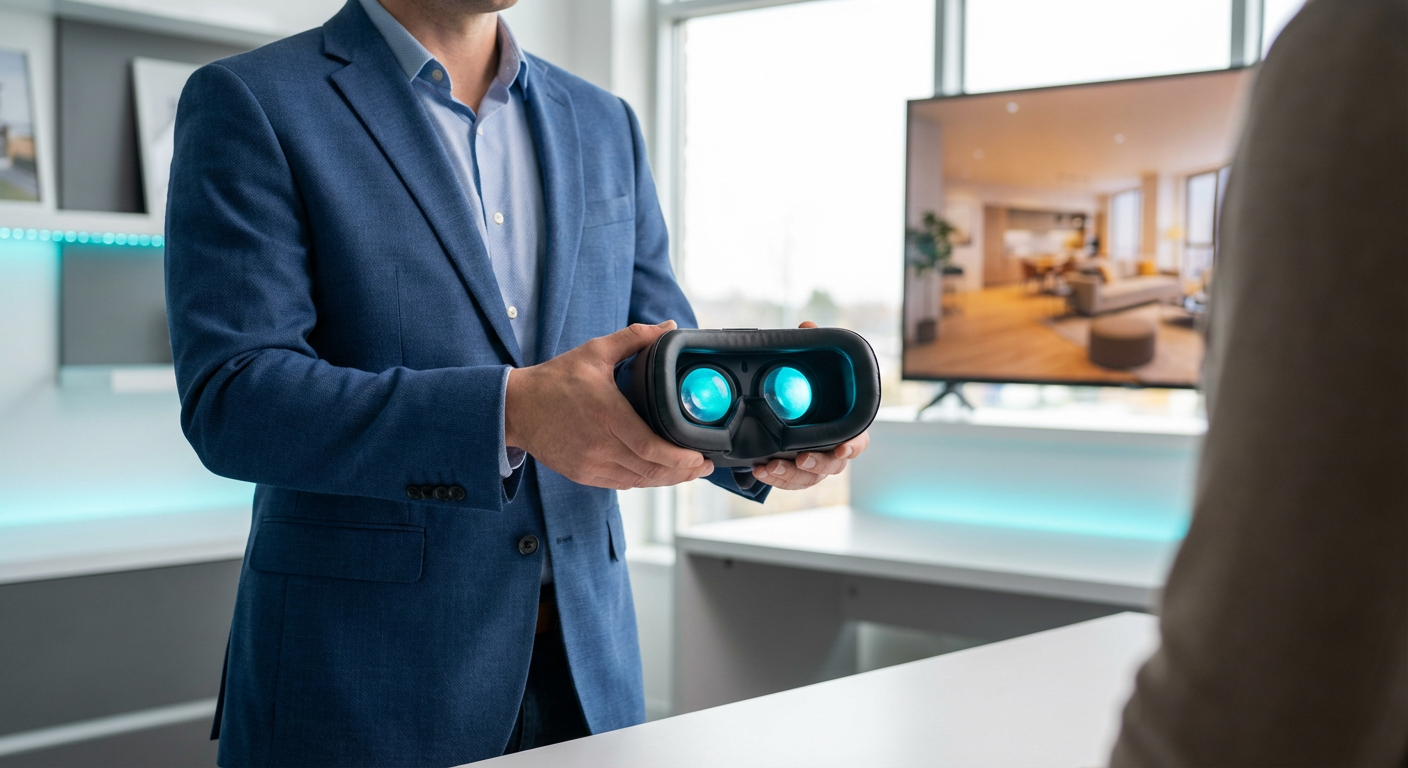 Менеджер офиса продаж новостройки держит VR-гарнитуру для демонстрации виртуального тура квартиры клиенту