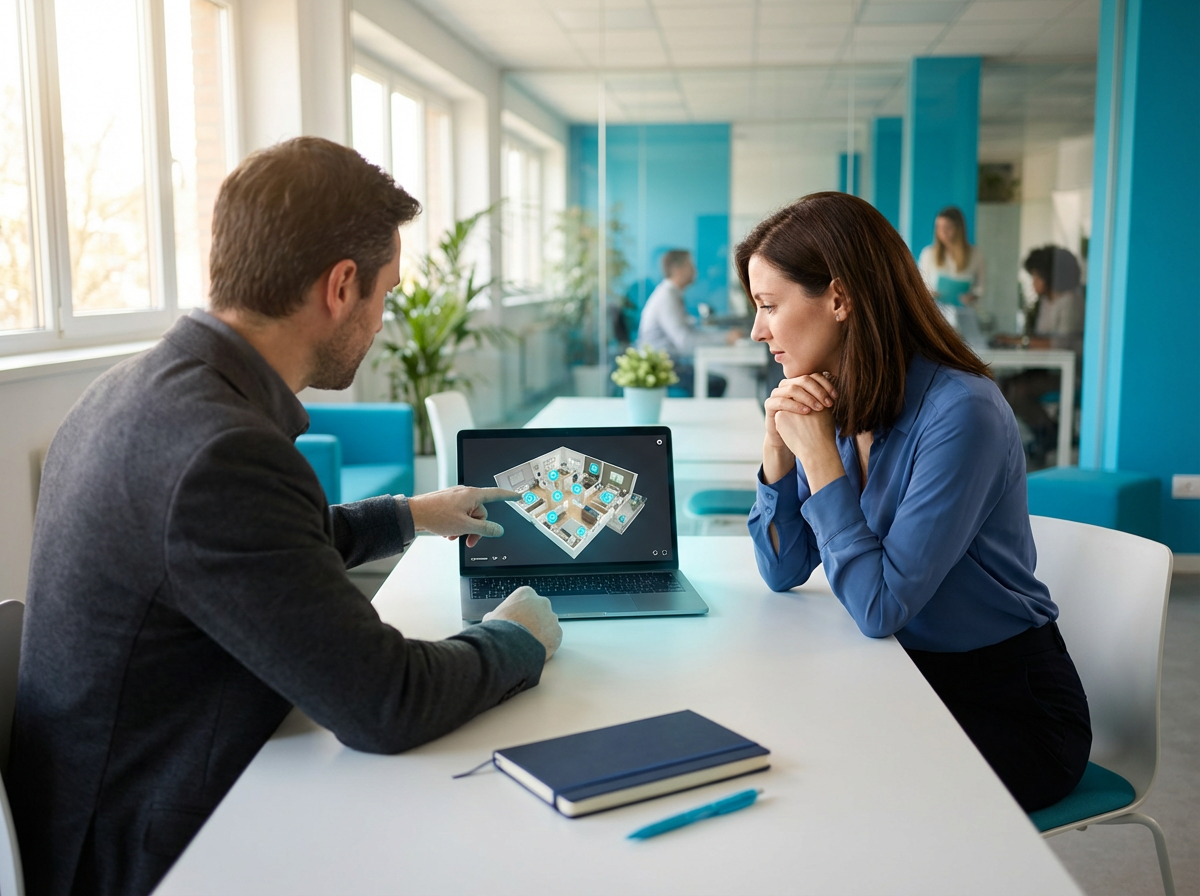 Два сотрудника застройщика изучают интерактивный 3D-тур квартиры на ноутбуке в современном офисе